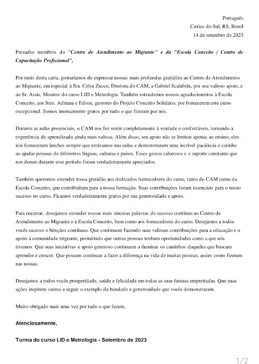 Carta de agradecimento a Escola Conceito pela Turma de LID e metrologia